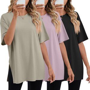 3 Pack Women's Oversized Gym T Shirts Cotton Short Sleeve Side Split Crewneck To